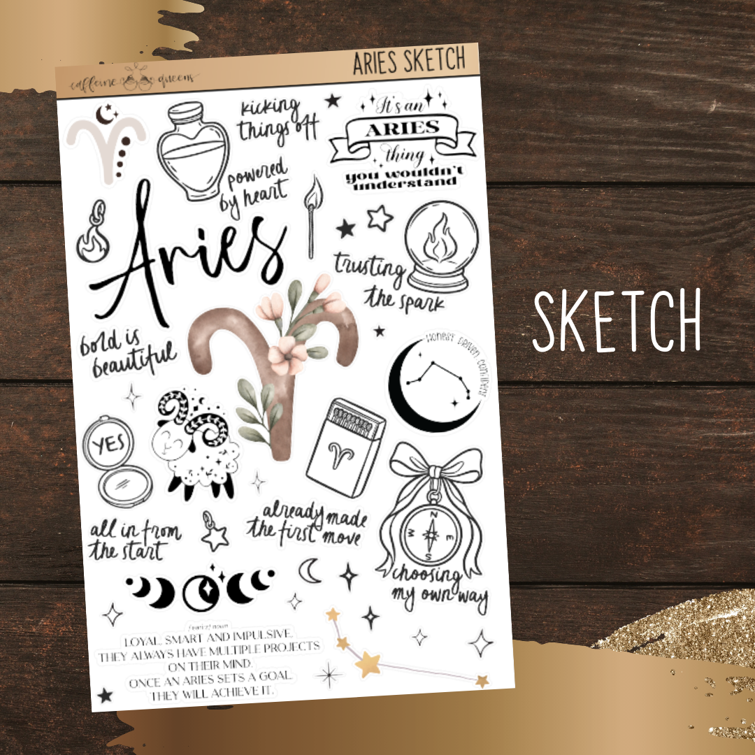 5x7 Sheet of Aries-themed sketched illustrations on a wooden surface