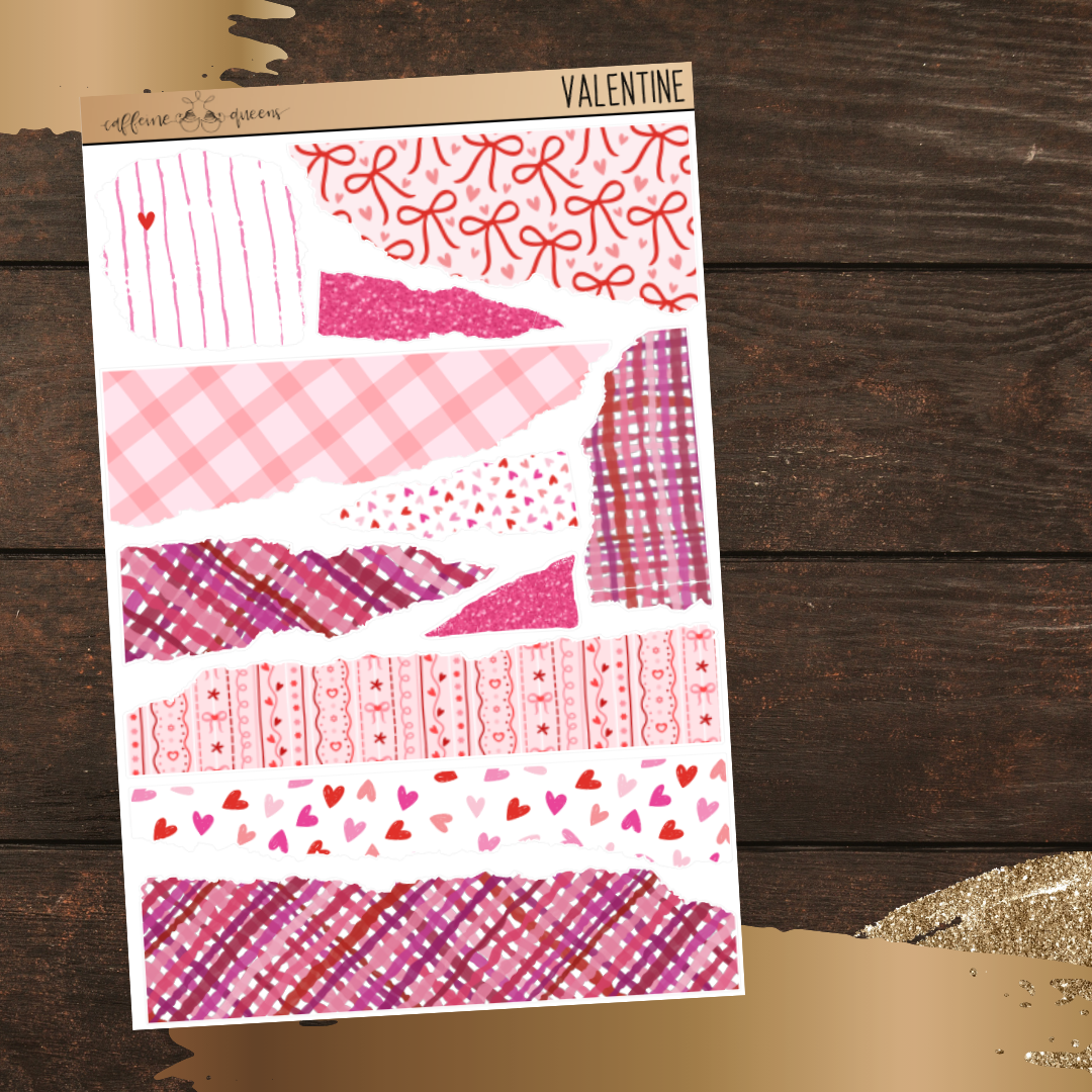 5x7 sheet of pink and red patterned stickers on a wooden surface