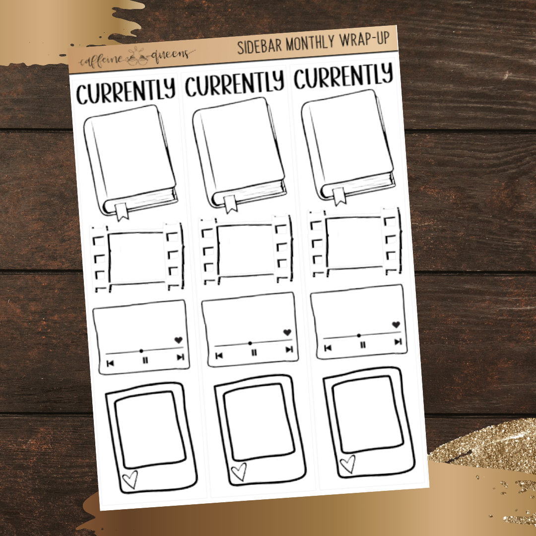 4.8" x 6.8" sheet of planner stickers with 'Currently' text and images such as book and film reel on a wooden surface.