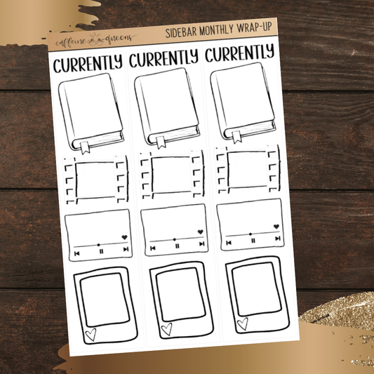 4.8" x 6.8" sheet of planner stickers with 'Currently' text and images such as book and film reel on a wooden surface.