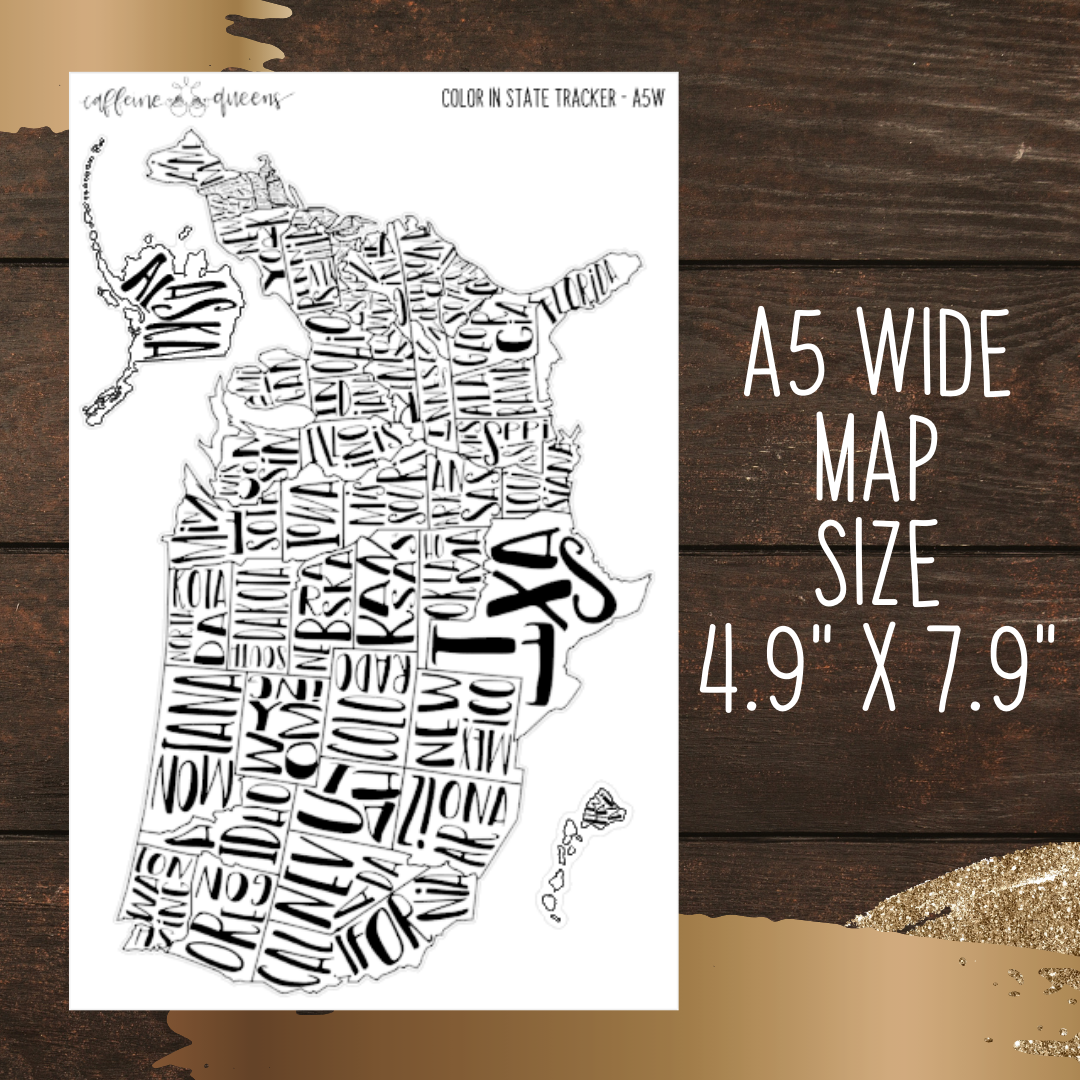 4.9" x 7.9" sheet featuring large black and white sticker of the United States with boundaries and state names. Sticker shown on wooden background with text indicating sticker size.