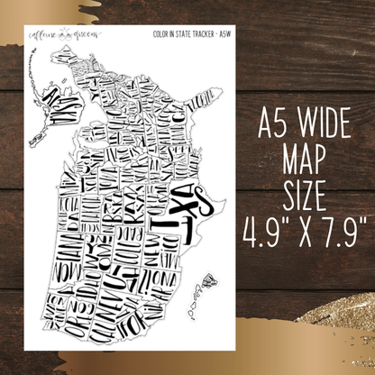4.9" x 7.9" sheet featuring large black and white sticker of the United States with boundaries and state names. Sticker shown on wooden background with text indicating sticker size.