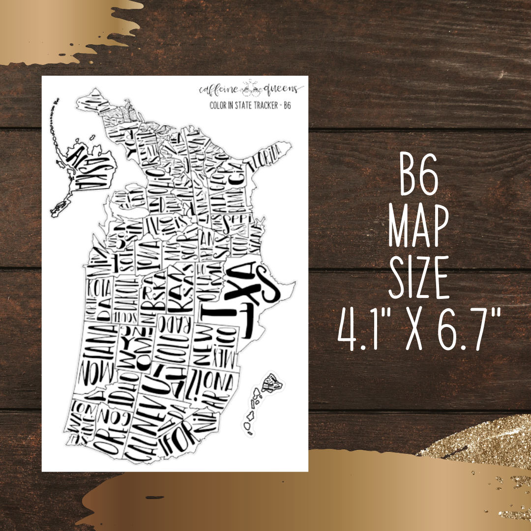 4.1" x 6.7" sheet featuring large black and white sticker of the United States with boundaries and state names. Sticker shown on wooden background with text indicating sticker size.