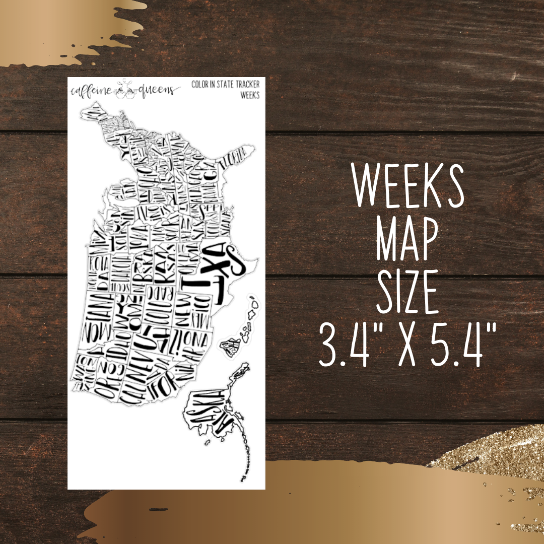 3.4" x 5.4" sheet featuring large black and white sticker of the United States with boundaries and state names. Sticker shown on wooden background with text indicating sticker size.