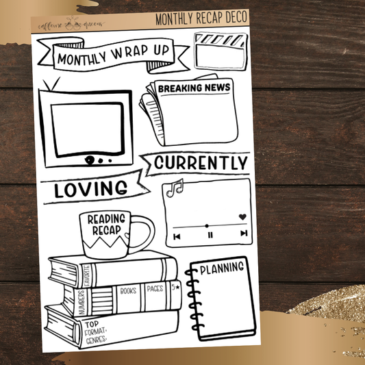 5x7 sheet of black line art on white paper with various illustrations and text designed to help record favorites, placed on a wooden surface.