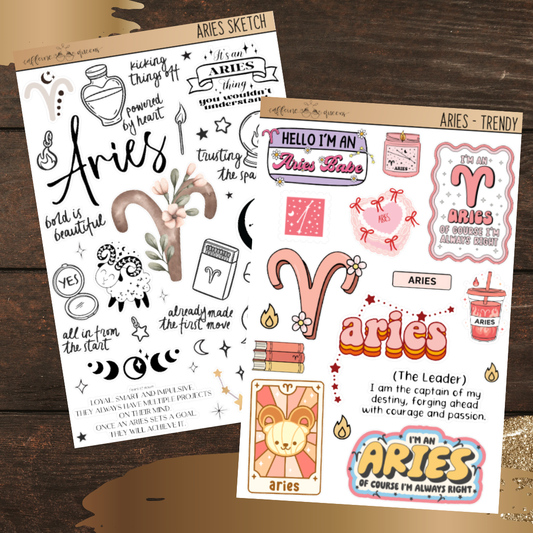 Two sheets of Aries-themed deco stickers on a wooden surface