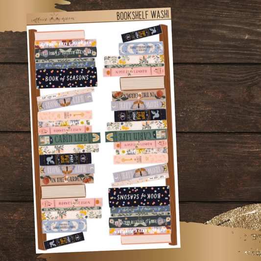 7x4" sheet featuring 2 large decorative washi tape stickers with book-themed designs on a wooden background